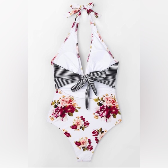 CUPSHE Women's Tie Waist Floral Print One Piece Swimsuit Halter Swimwear Size L - Picture 3 of 6